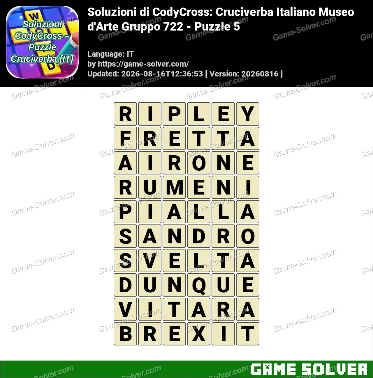 Soluzioni di CodyCross: Cruciverba Italiano Museo d’Arte Gruppo 722 – Puzzle 5
